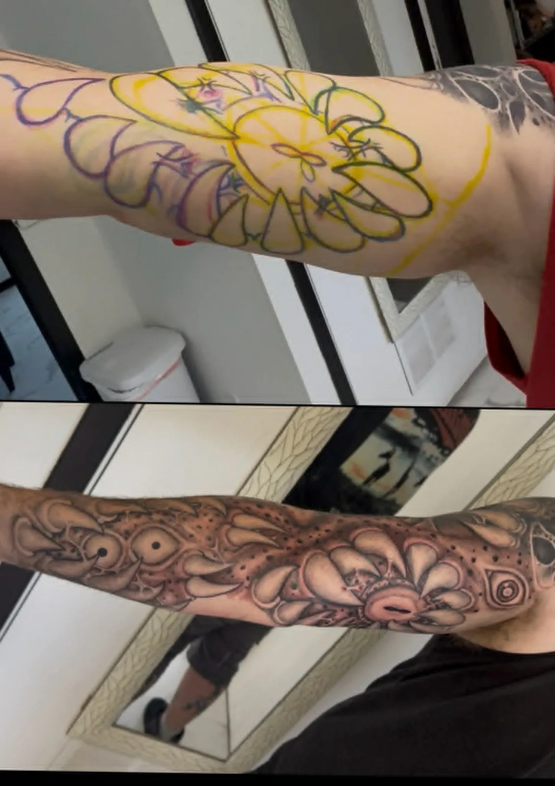 Freehand custom bio-organic forearm tattoo by Carlos Barrera — drawn freehand directly on the skin, shown as stencil and finished piece