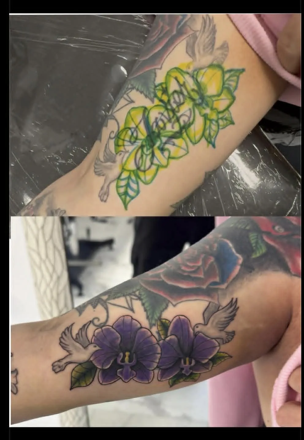 Tattoo cover-up by Carlos Barrera — faded floral covered with purple orchids and doves, before and after