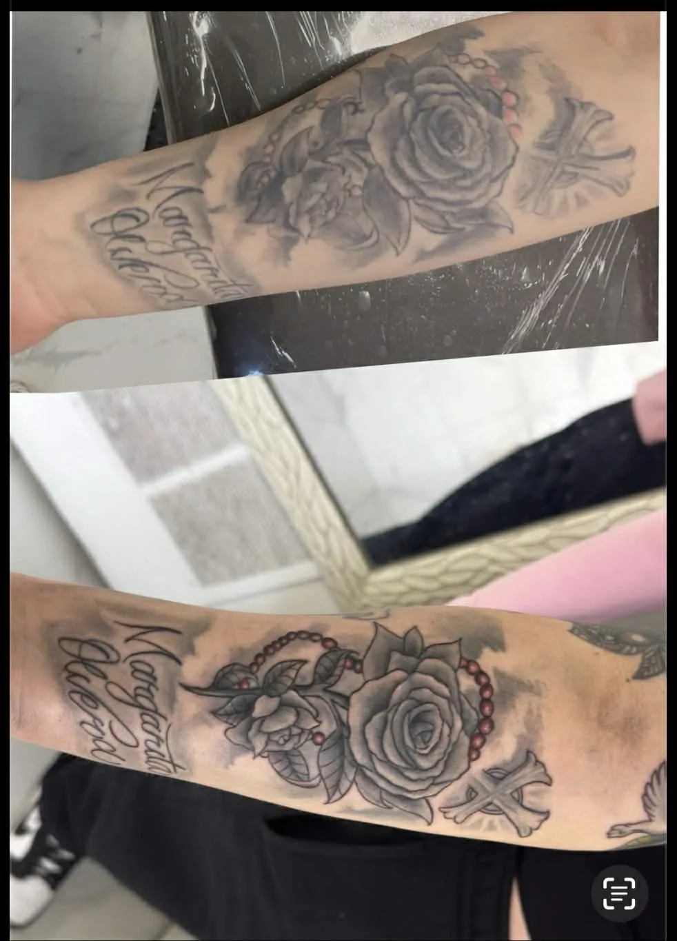 Tattoo rework by Carlos Barrera — refreshed black and grey rose, rosary and cross with name script, before and after